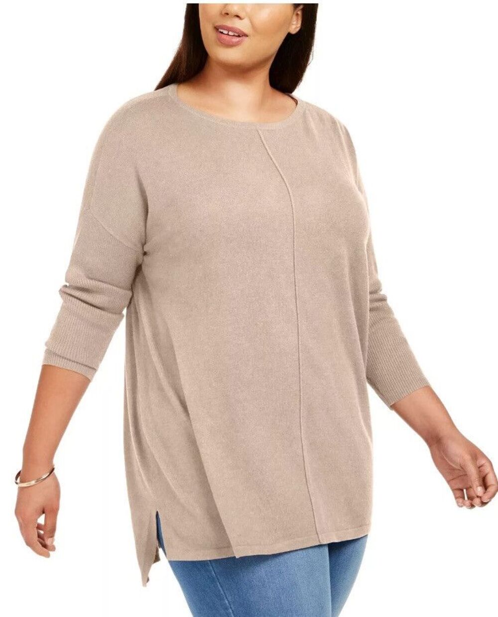Style & Co Tunic Sweater 2X Seam-Front Beige Rib Long Sleeves Plus Size Casual